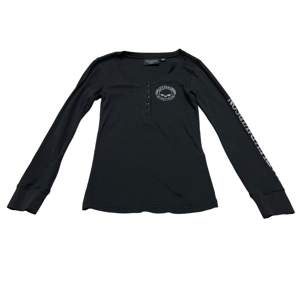 Harley Davidson Womens Henley Shirt S Black Ribbed Skull Sleeve Graphic Biker